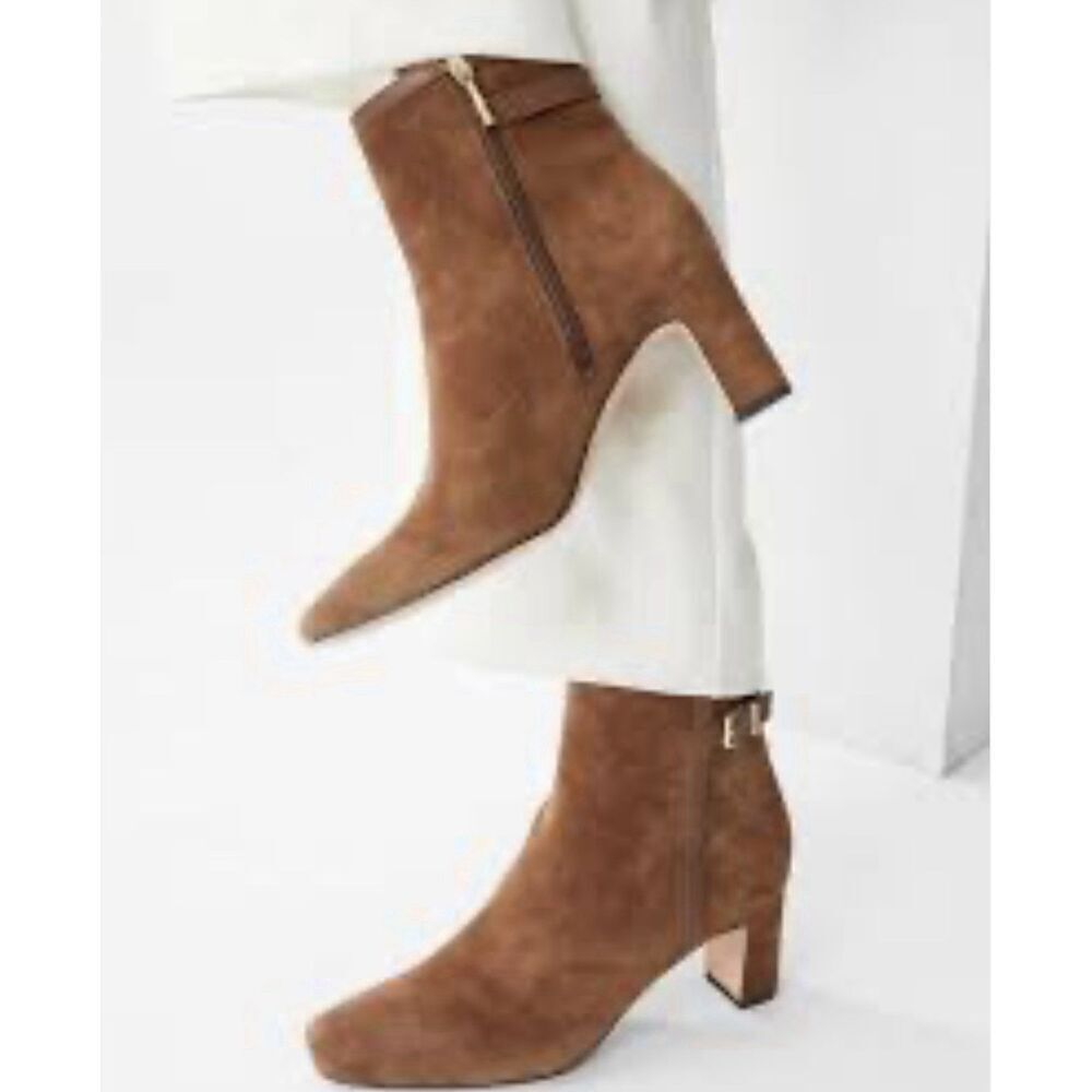 J McLaughlin Evie Tan Suede Leather Heeled Booties Size 10 Square Toe Buckle Zip